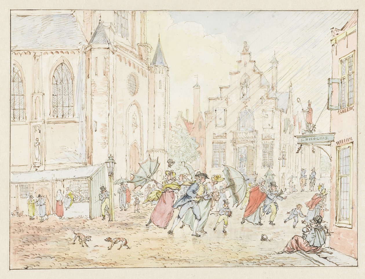 Firkantet med mennesker i regnen af Pieter Bartholomeusz. Barbiers