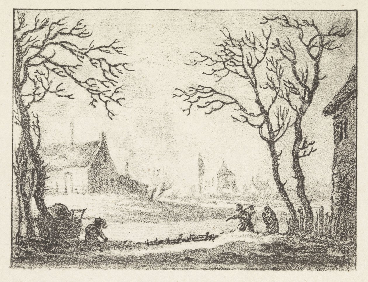 Vinterlandskab med huse og figurer af Pieter Bartholomeusz. Barbiers