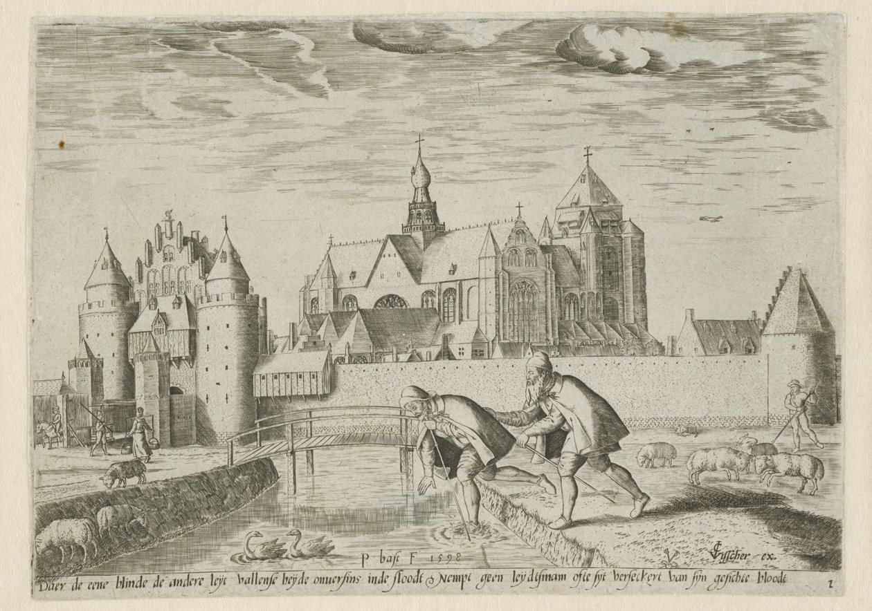 Udsigt over Veere, med ordsproget: en blind leder en anden Landskaber med bibelske scener (serietitel) af Pieter Bast