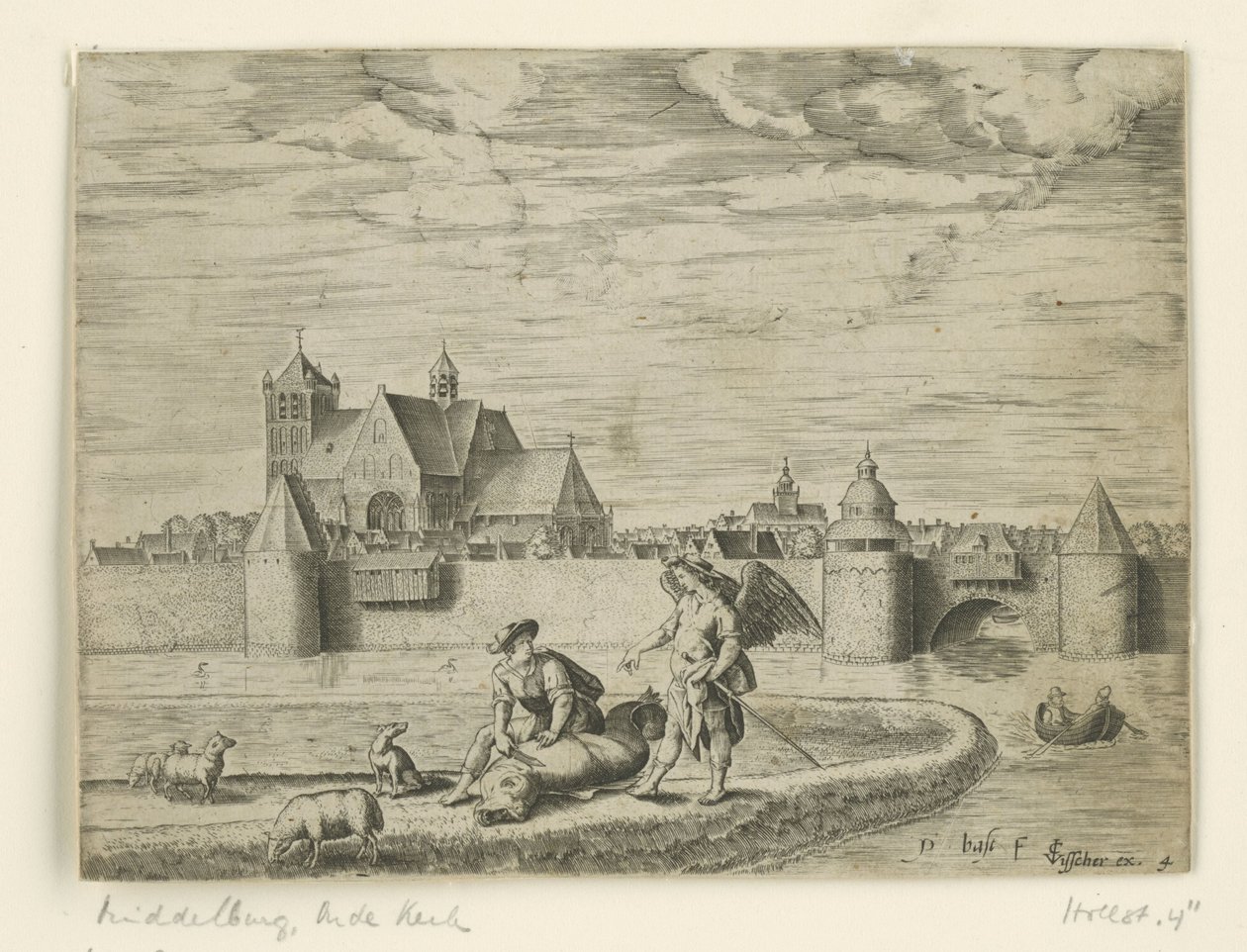 Tobias og englen; i baggrunden den gamle kirke i Middelburg Landskaber med bibelske scener (serietitel) af Pieter Bast