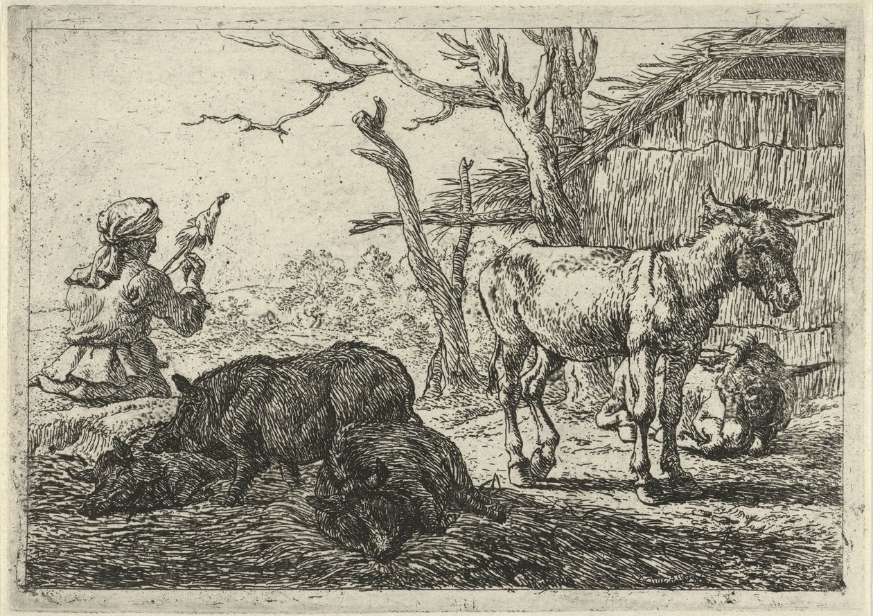Kvinde spinning, svin og æsler Forskellige dyr (serietitel) af Pieter Bodding van Laer