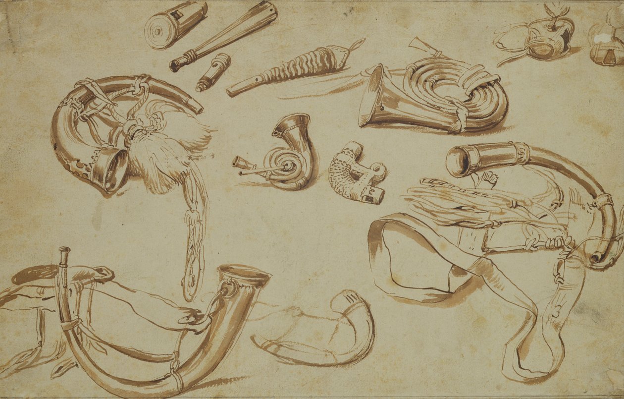 Jagtudstyr (blyant, pen og blæk på papir) af Pieter Bruegel the Elder