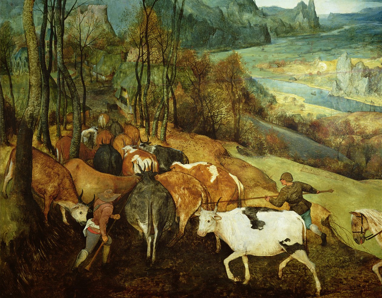 The Return of the Herd Autumn 1565 olie på paneldetalje af 186444 og 556 af Pieter Bruegel the Elder