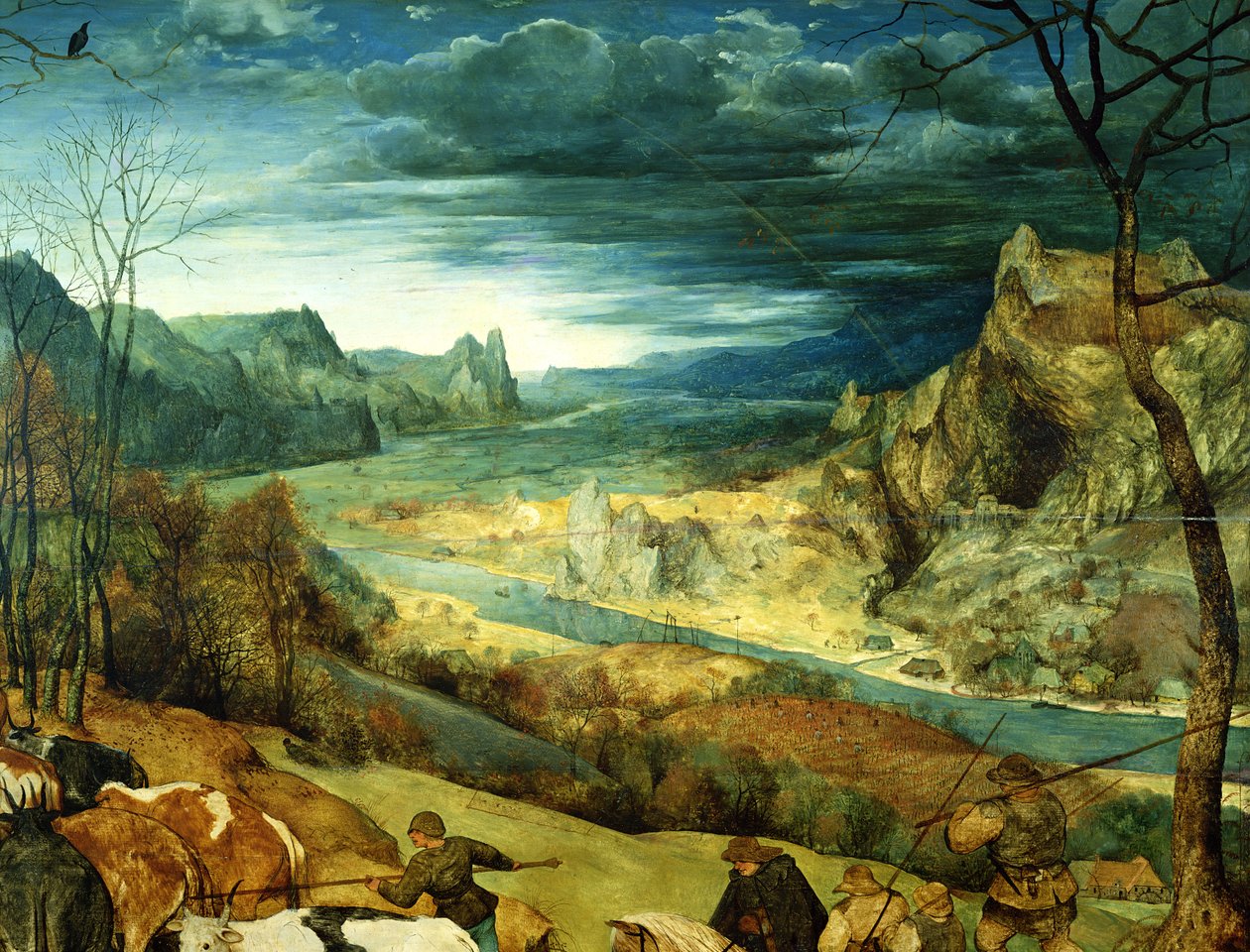 The Return of the Herd Autumn, 1565 olie på paneldetalje af 556 af Pieter Bruegel the Elder