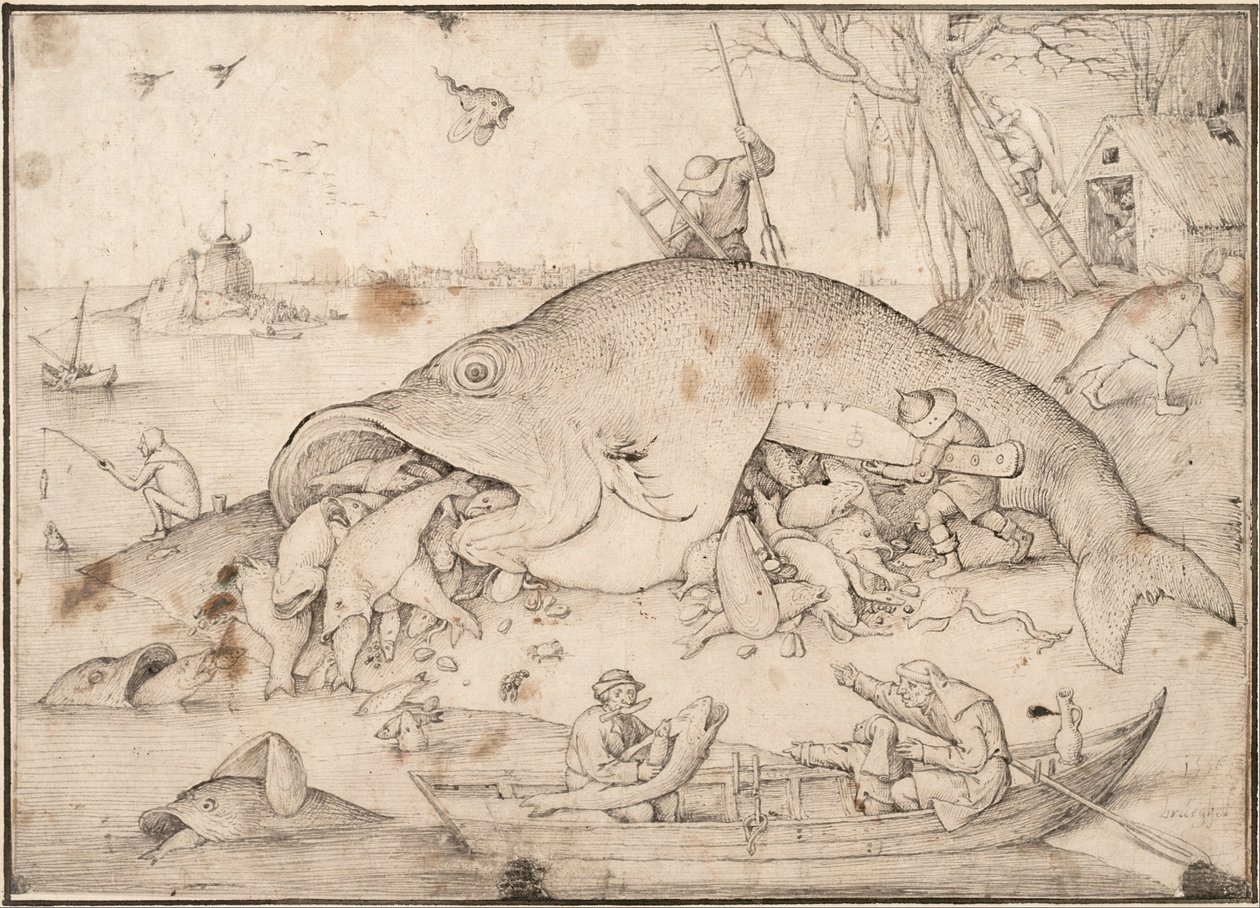 Store fisk Spis små fisk, 1556 af Pieter Bruegel the Elder