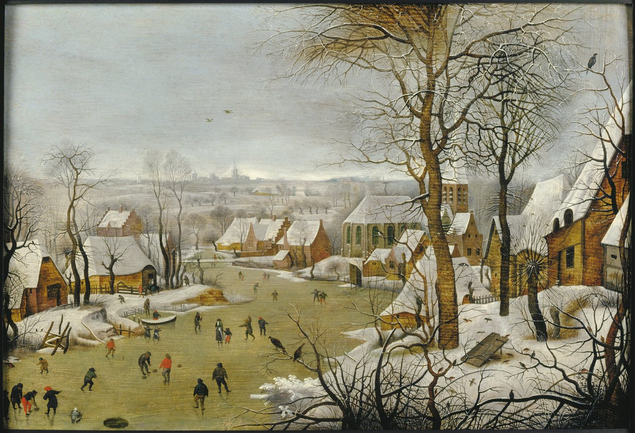 Vinterlandskab med en fuglefælde og flugten til Egypten, 1622. af Pieter Brueghel the Younger