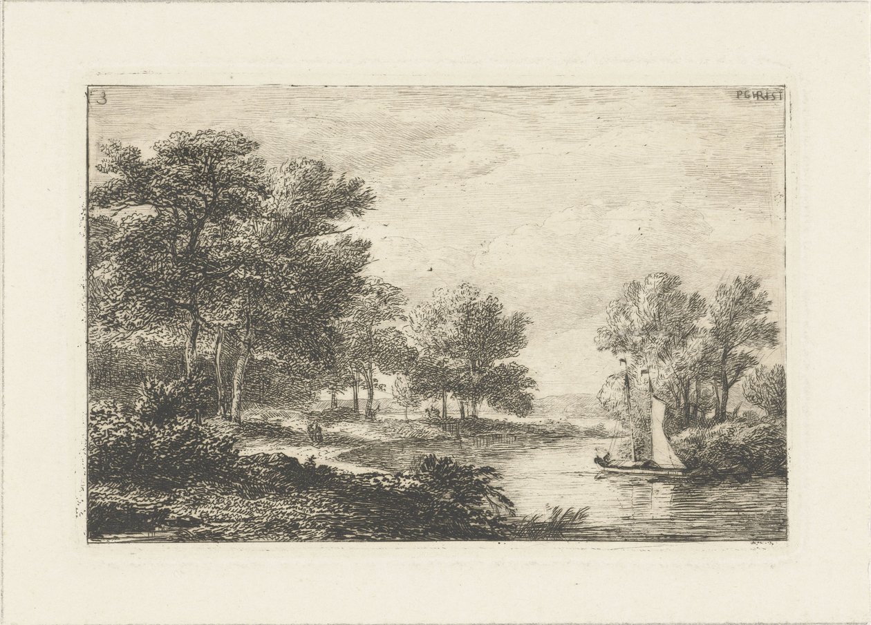 Flodlandskab med sejlbåd Vandlandskaber (serietitel) af Pieter Casper Christ