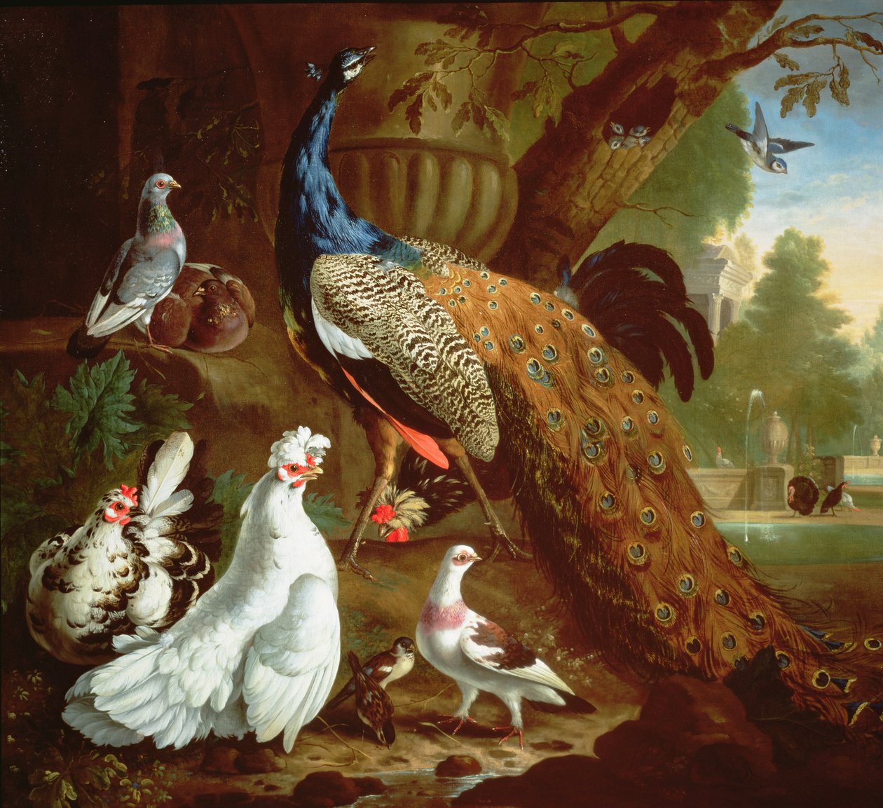 En påfugl i et klassisk landskab, 1719 af Pieter Casteels