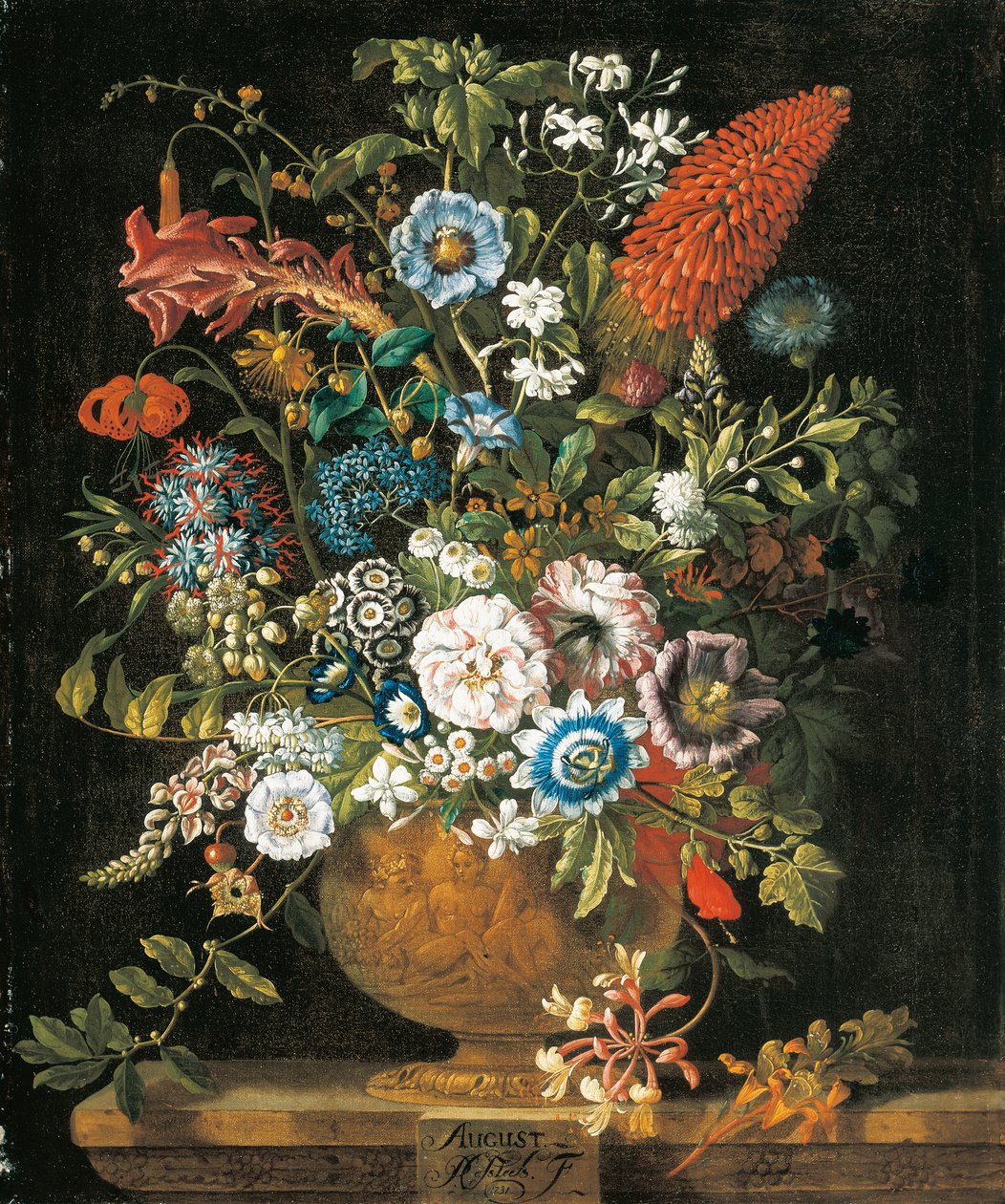 august, fra The Twelve Months of Flowers, en blomsterkalender med stilleben af Pieter Casteels