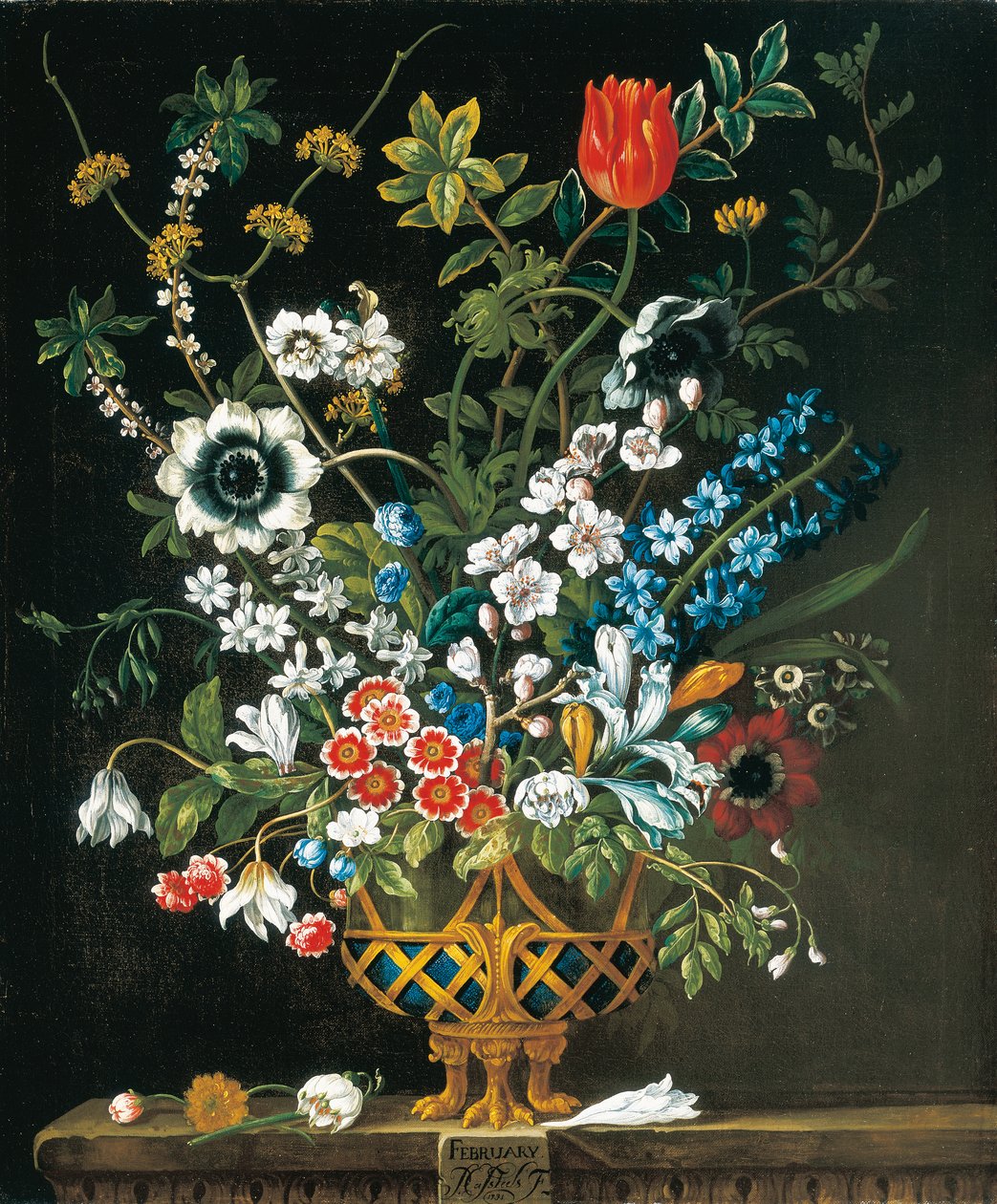 februar, fra The Twelve Months of Flowers, en blomsterkalender med stilleben af Pieter Casteels