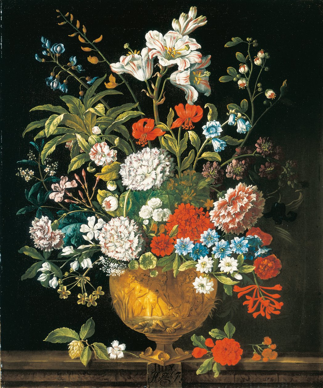 juli, fra The Twelve Months of Flowers, en blomsterkalender med stilleben af Pieter Casteels
