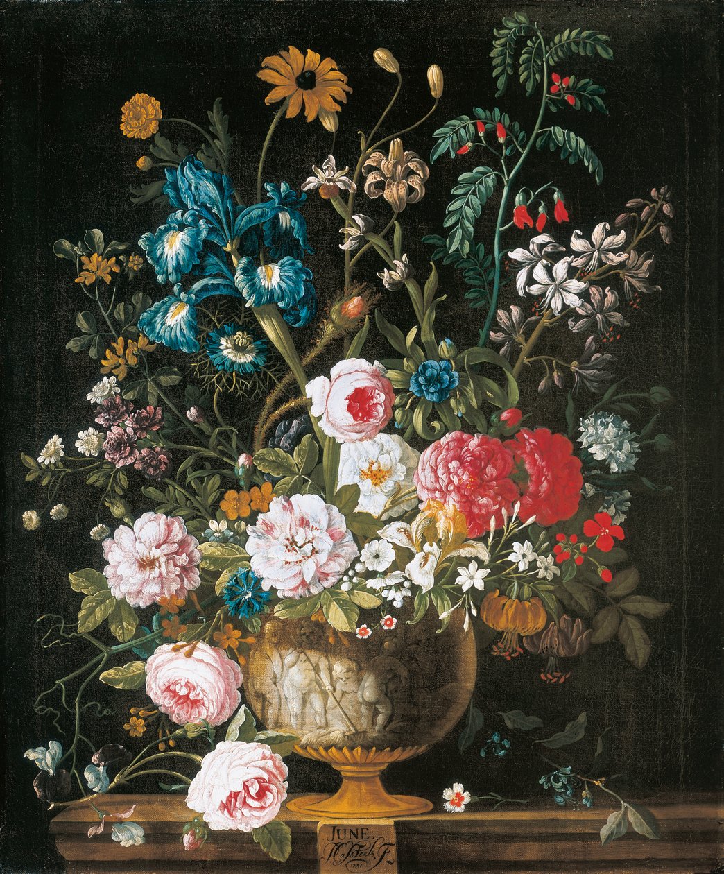 juni, fra The Twelve Months of Flowers, en blomsterkalender med stilleben af Pieter Casteels