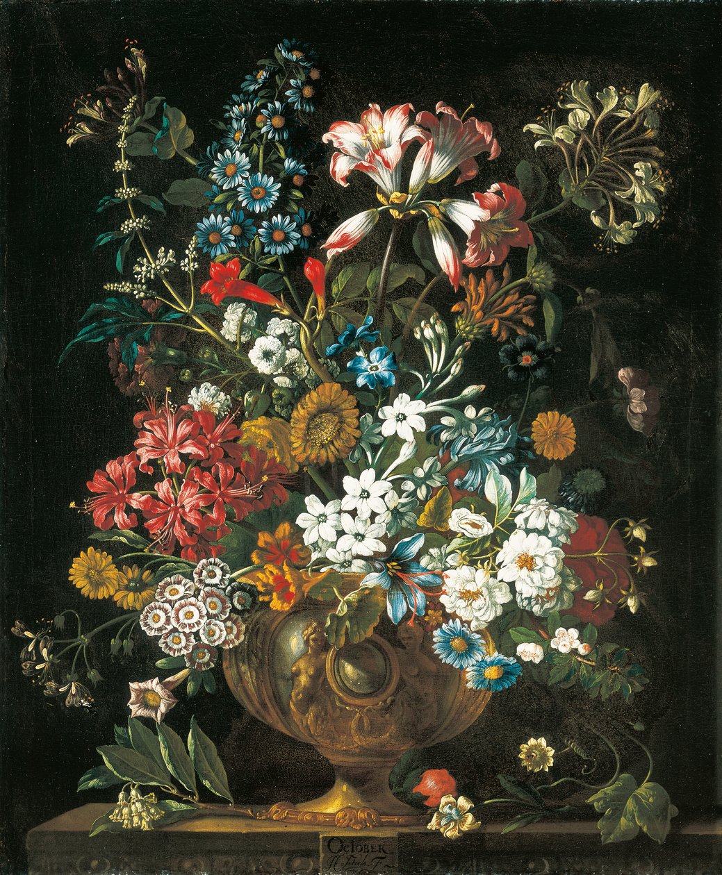 oktober, fra The Twelve Months of Flowers, en blomsterkalender med stilleben af Pieter Casteels