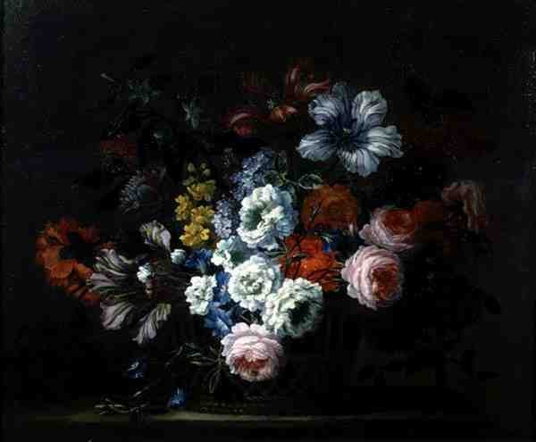 Stilleben med roser, pæoner, tulipaner og Morning Glory i en kurv (olie på lærred) af Pieter Casteels