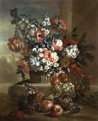 Stilleben af en kurv med blomster og frugt (par 81024) af Pieter Casteels