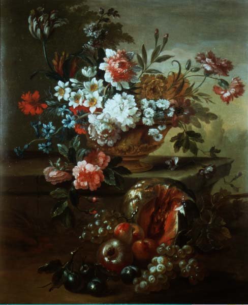 Stilleben af blomster i en urne med frugt (par 81023) af Pieter Casteels