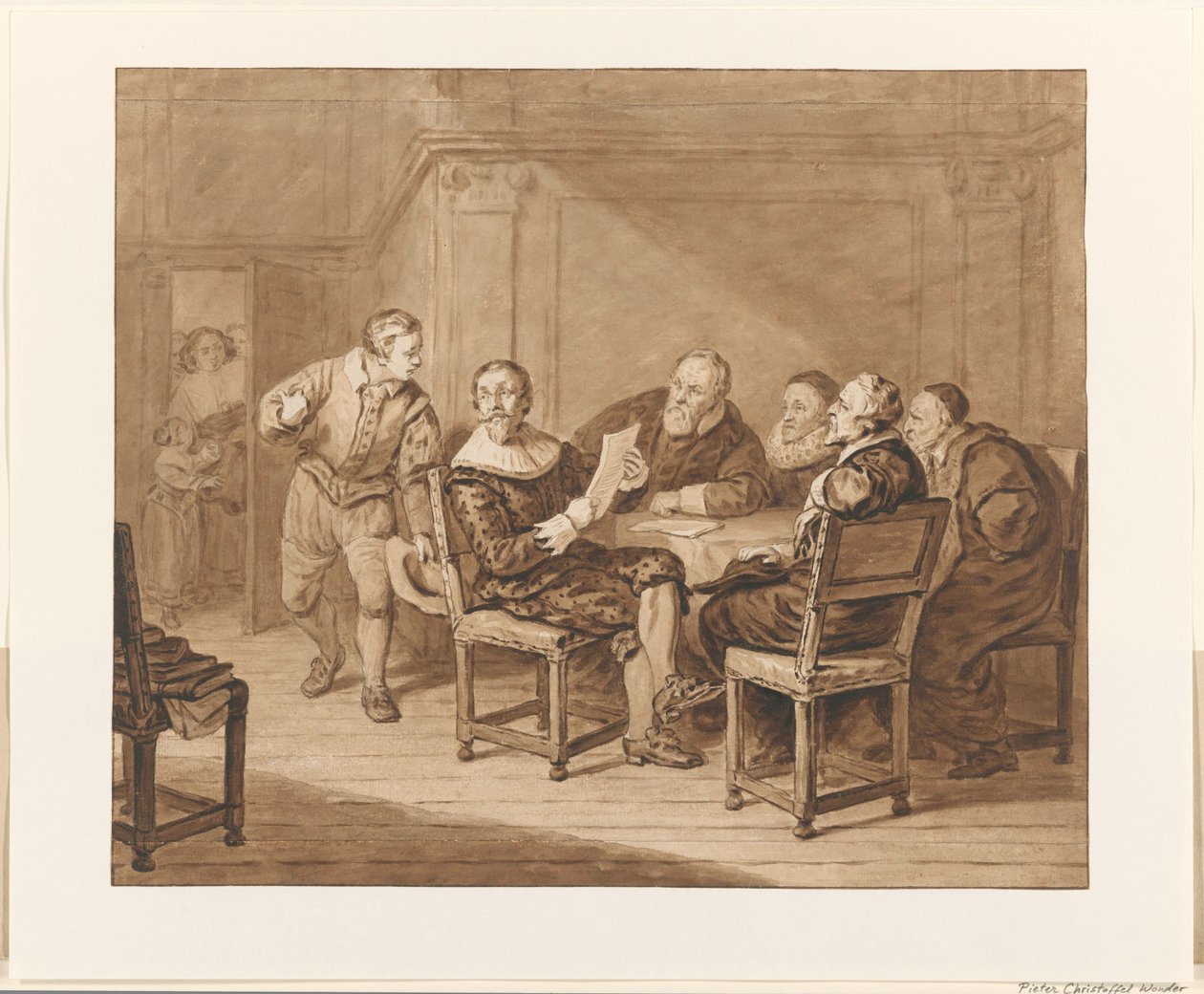 Hugo de Groot modtager en besked om, at hans kone er ankommet af Pieter Christoffel Wonder (signed by artist)