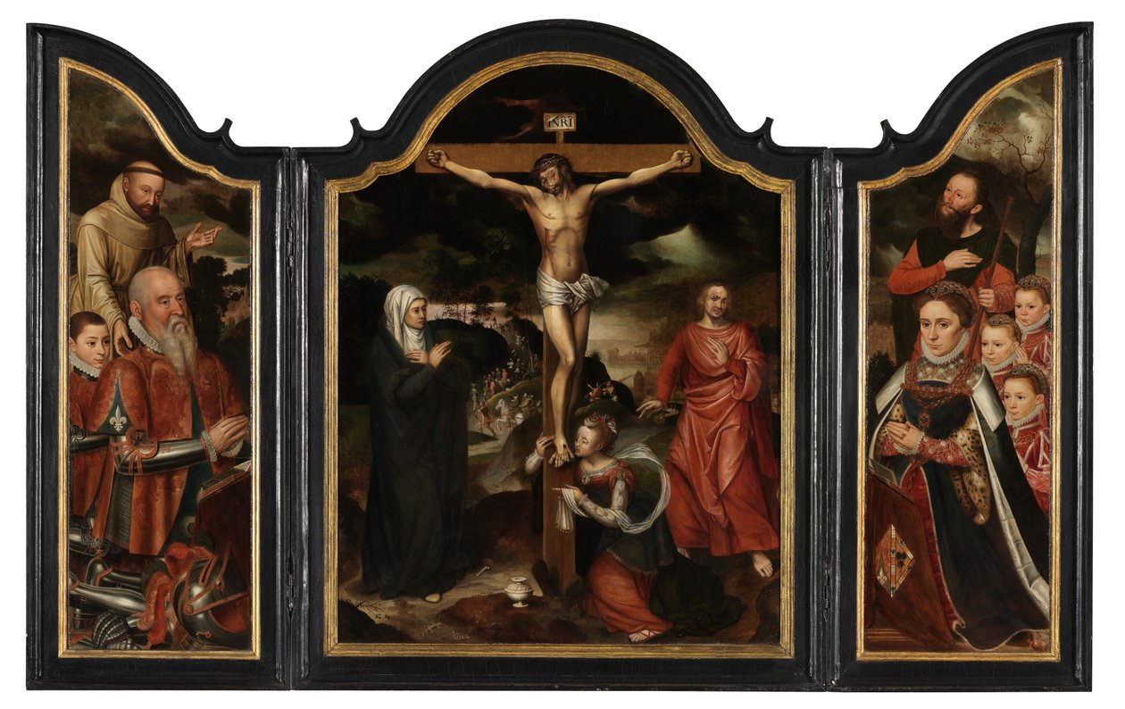 Kristus på korset med Jomfruen, Sankt Johannes og Maria Magdalena (olie på panel) af Pieter Claeissens