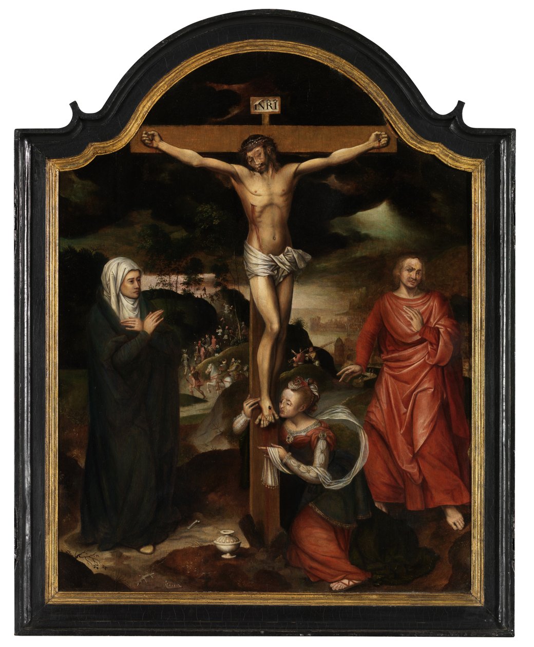 Kristus på korset med Jomfruen, Sankt Johannes og Maria Magdalena (olie på panel) af Pieter Claeissens