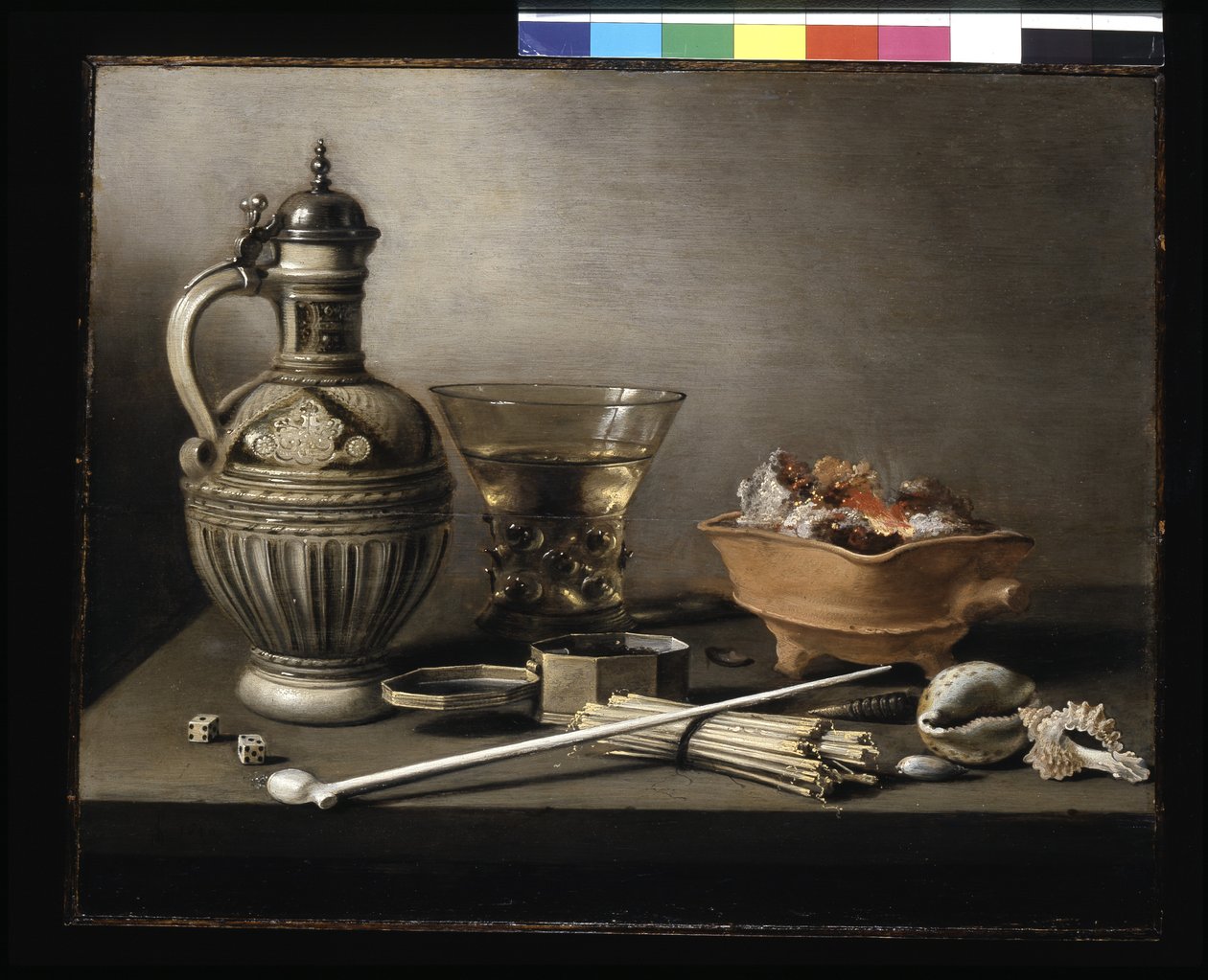 Stilleben med stentøjskande, berkemeyer og rygeredskaber (olie på træ) af Pieter Claesz