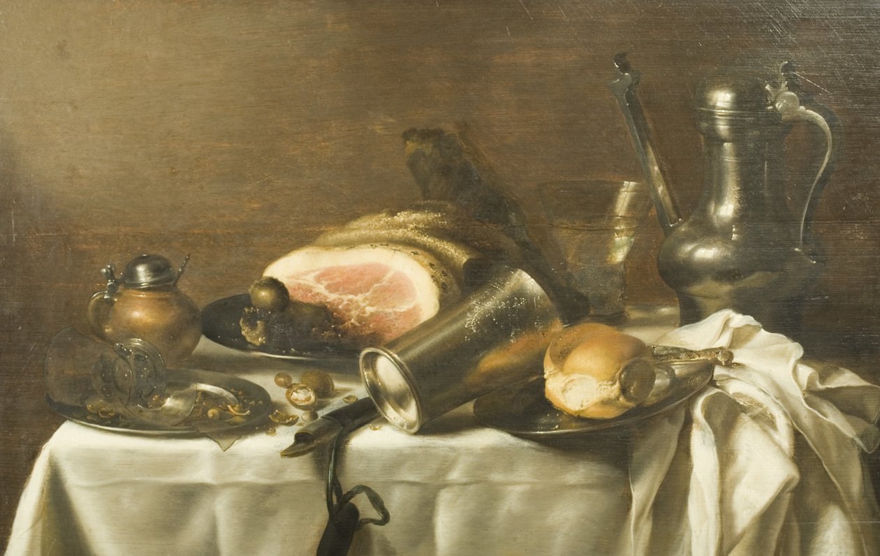 Stilleben med en skinke (olie på lærred) af Pieter Claesz