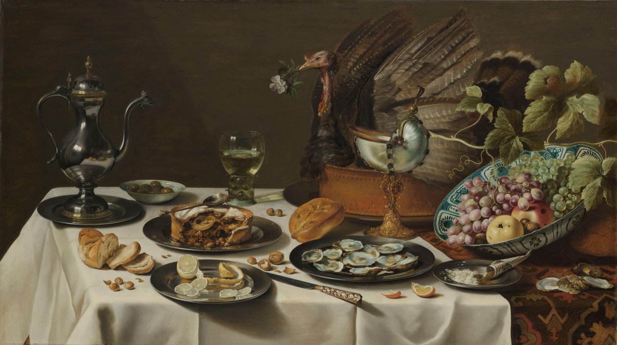 Stilleben med en kalkuntærte Stilleben med kalkuntærte af Pieter Claesz