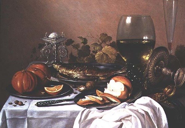 Stilleben med makrel, græskar og brød af Pieter Claesz