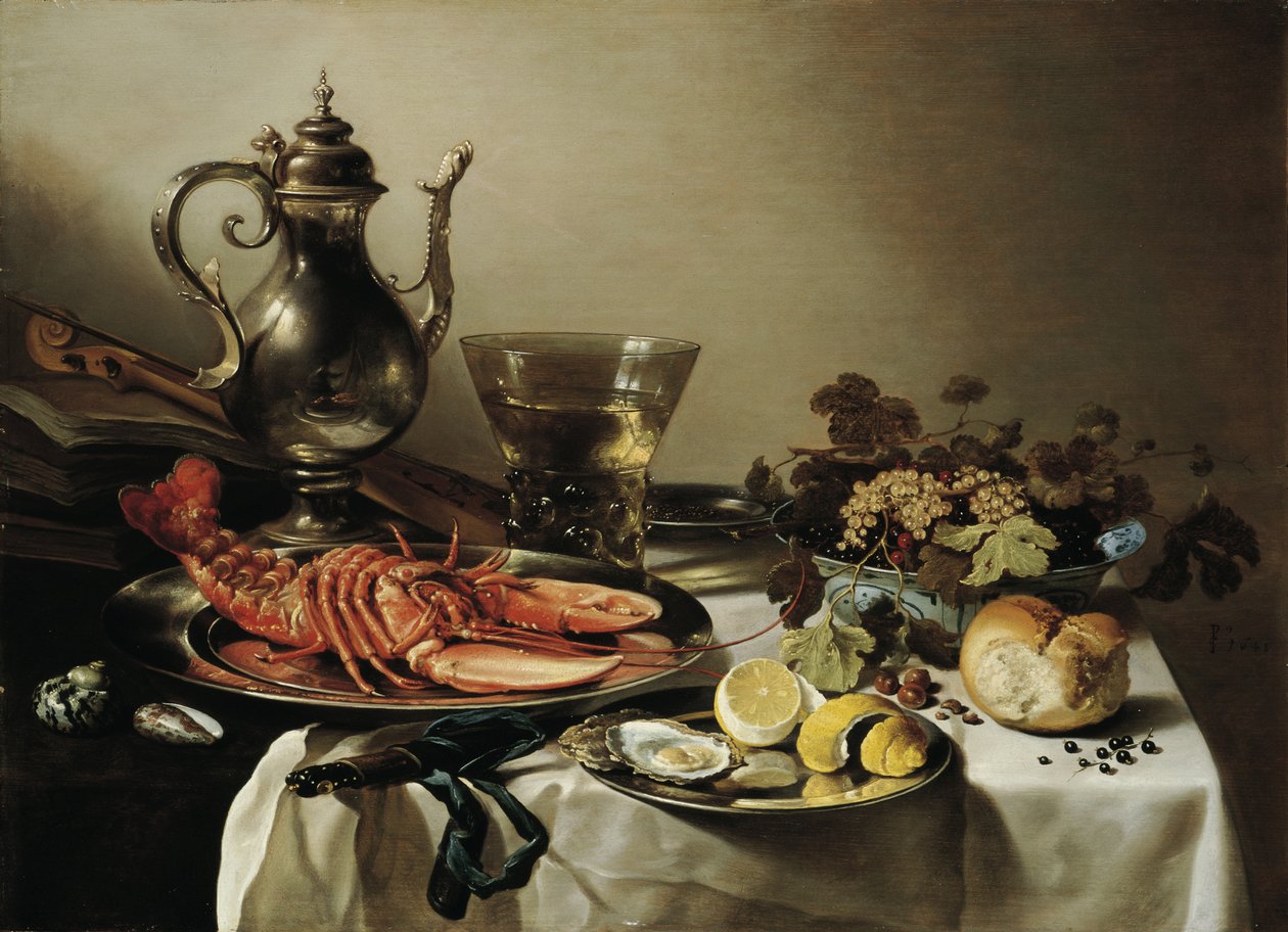 Bord med hummer, sølvkande, stor Berkemeyer, frugtskål, violin og bøger, 1641 af Pieter Claesz