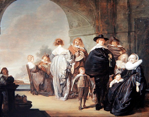 Et elegant firma på en terrasse (olie på panel) af Pieter Codde