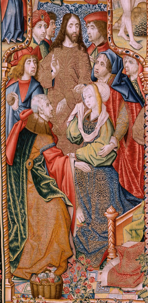 flamsk gobelin. Serie episoder fra The Life of the Virgin. Profetierne bliver opfyldt ved Kristi fødsel (Opfyldelse af profetierne ved Guds Søns fødsel). Første gobelin i serien. Modeller tilskrevet Jan von Roome (eller van B af Pieter Coecke van Aelst