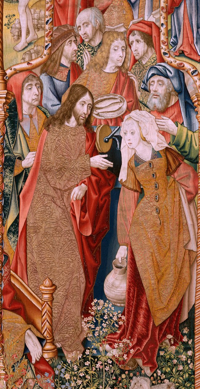 flamsk gobelin. Serie episoder fra The Life of the Virgin. Profetierne bliver opfyldt ved Kristi fødsel (Opfyldelse af profetierne ved Guds Søns fødsel). Første gobelin i serien. Modeller tilskrevet Jan von Roome (eller van B af Pieter Coecke van Aelst