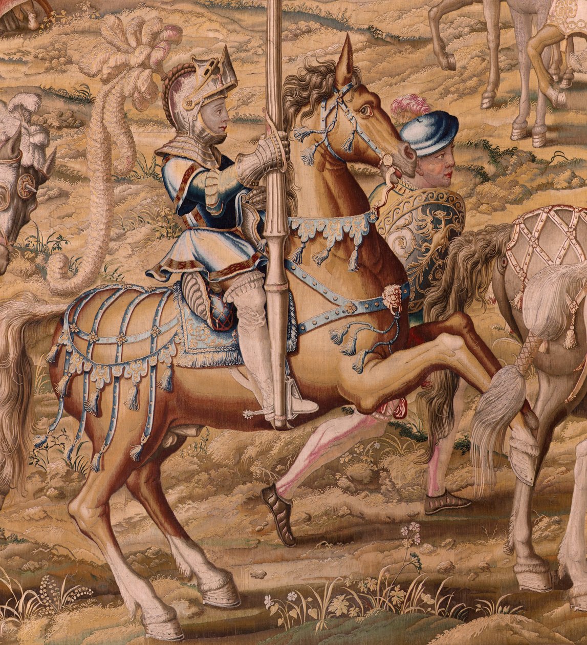 flamsk gobelin. Serien Erobringen af Tunis; Gennemgang af tropperne i Barcelona (La revista de las tropas en Barcelona). Andet gobelin i serien. Model Jan Vermeyen og Pieter Coecke van Aelst. 1543-1548. Fremstilling Real Fábrica de Tapices de Sant af Pieter Coecke van Aelst