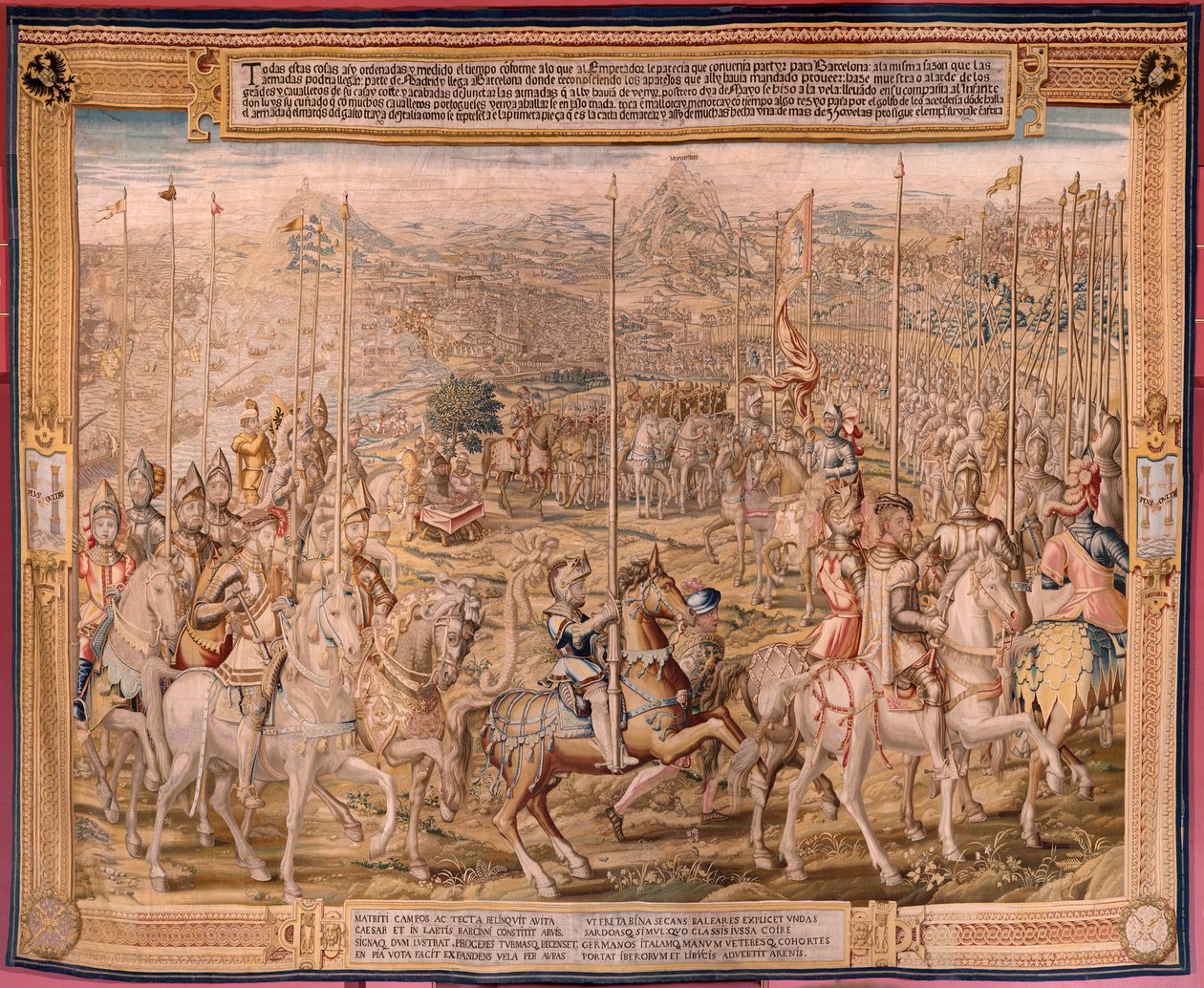flamsk gobelin. Serien Erobringen af Tunis; Gennemgang af tropperne i Barcelona (La revista de las tropas en Barcelona). Andet gobelin i serien. Model Jan Vermeyen og Pieter Coecke van Aelst. 1543-1548. Fremstilling Real Fábrica de Tapices de Sant af Pieter Coecke van Aelst