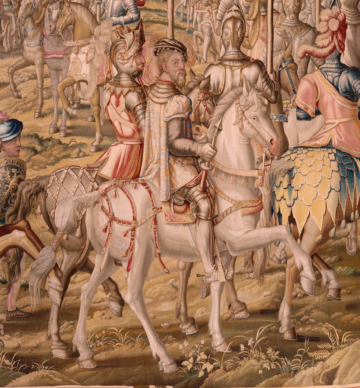 flamsk gobelin. Serien Erobringen af Tunis; Gennemgang af tropperne i Barcelona (La revista de las tropas en Barcelona). Andet gobelin i serien. Model Jan Vermeyen og Pieter Coecke van Aelst. 1543-1548. Fremstilling Real Fábrica de Tapices de Sant af Pieter Coecke van Aelst