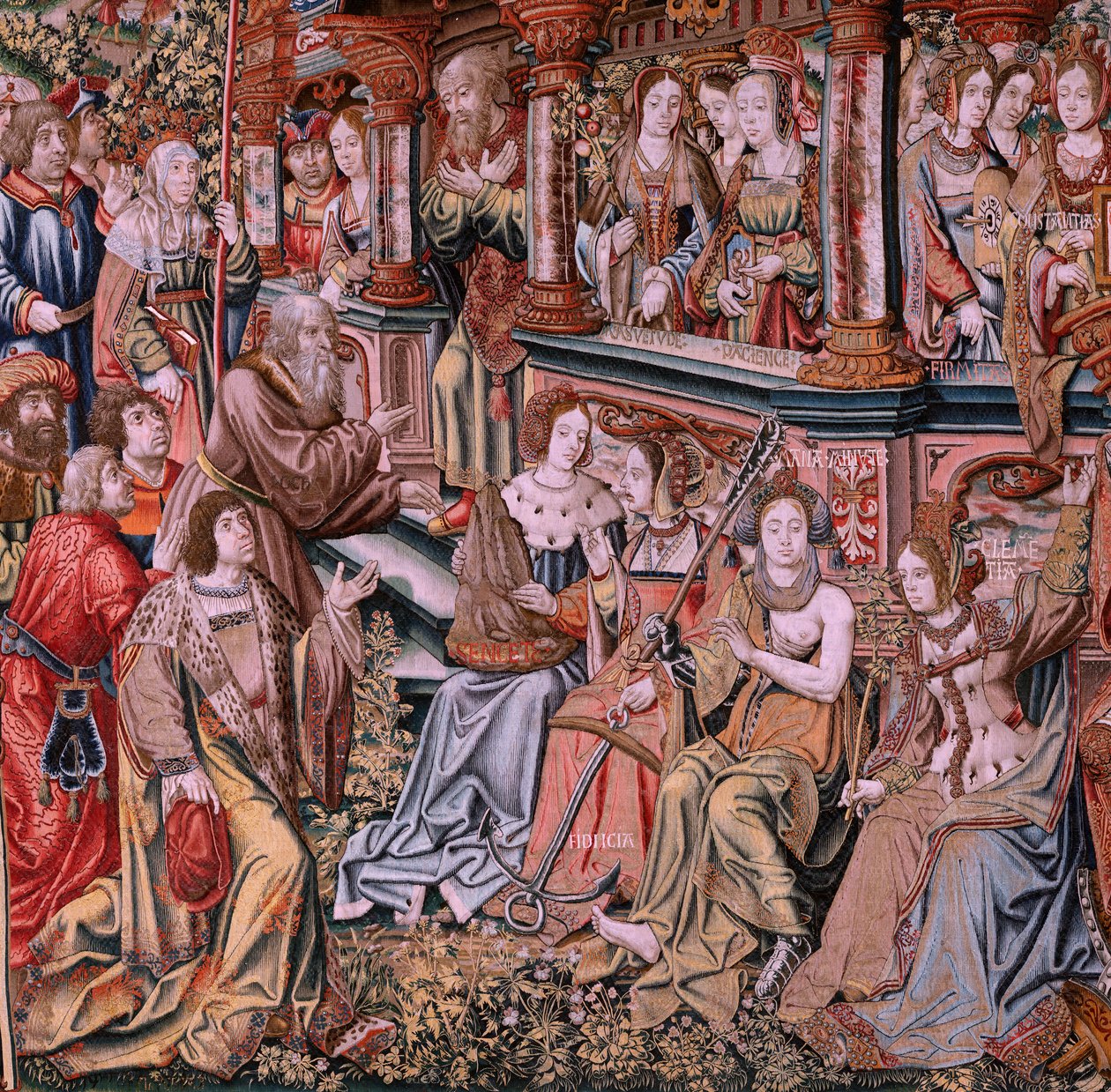 flamsk gobelin. Serien The Honours. Dyd (La Virtu, El Vicio). Ottende gobelin i serien. Modeltegnere fra Bernard van Orleys og Jan Gossaerts kreds (Mabuse). Fremstilling Pieter van Aelst, Bruxelles. Ca 1550. Stof Guld, sølv, silke a af Pieter Coecke van Aelst