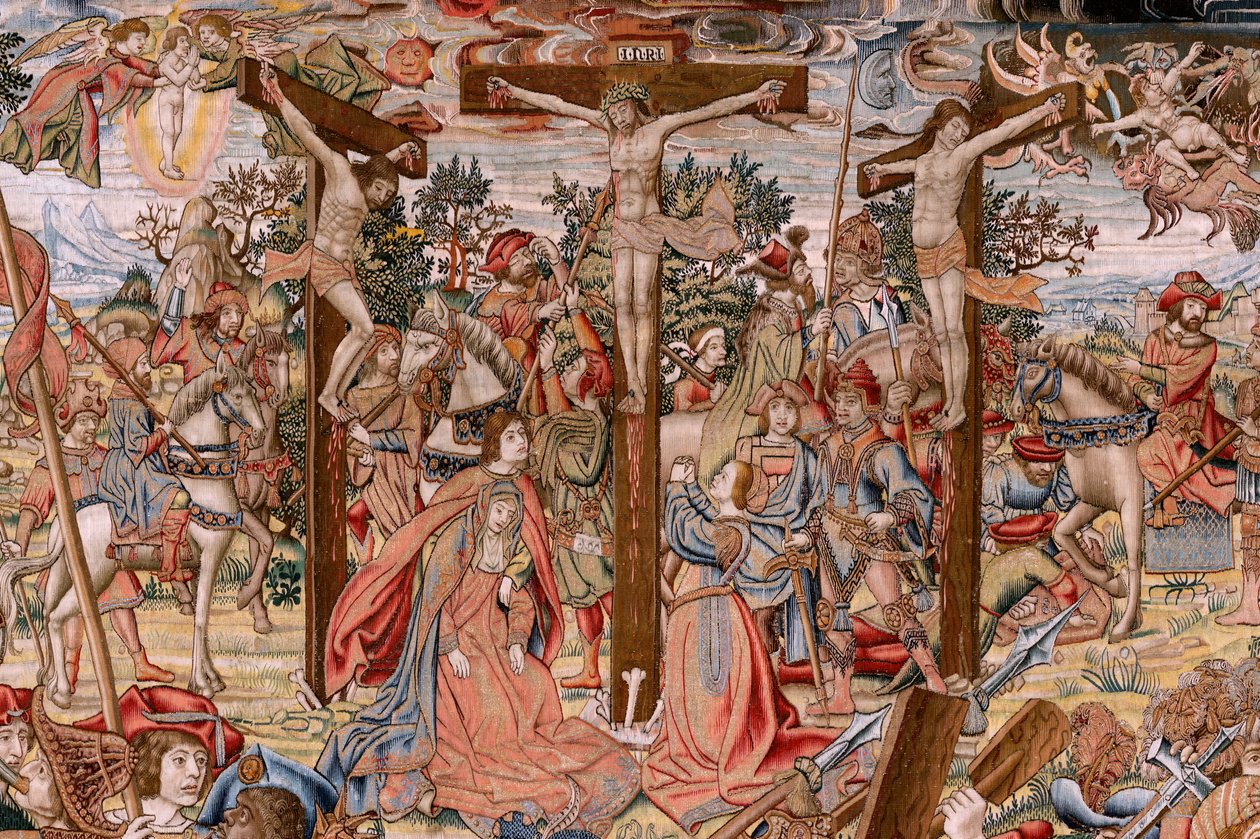 flamsk gobelin. Serien The Passion of Christ; Vejen til Golgata og møde med Veronica (Camino del Calvario y encuentro con la Verónica). Første gobelin af dem, der opbevares af National Heritage. Modeltegnere fra Jan van Roomes og Berns kreds af Pieter Coecke van Aelst