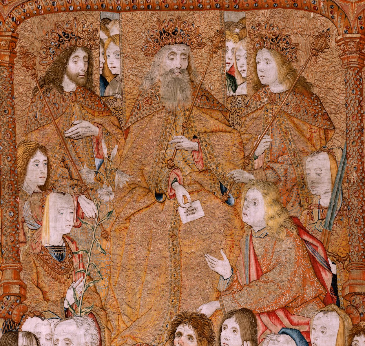 flamsk gobelin. Serie Triumphs of the Mother eller Paños de Oro. Gud sender arkeenglen Gabriel. Første gobelin i serien. Model Colin de Cooter(?). Fremstilling Pieter van Aelst (eller van Edingen), Bruxelles. Ca 1500-1502. af Pieter Coecke van Aelst