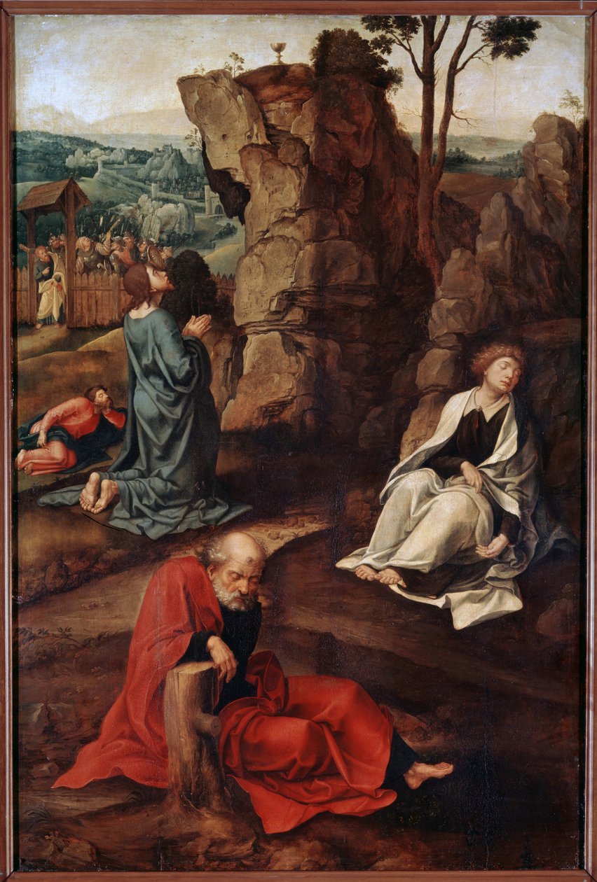 ""Bøn i Olivenhaven"" (Kvale i haven) Efter den sidste nadver går Kristus til Getsemane-højen, som dominerer Jerusalem med apostlene. De romerske soldater hjælpere til Judas nærmer sig for at arrestere ham. Maleri af Pieter Coe af Pieter Coecke van Aelst
