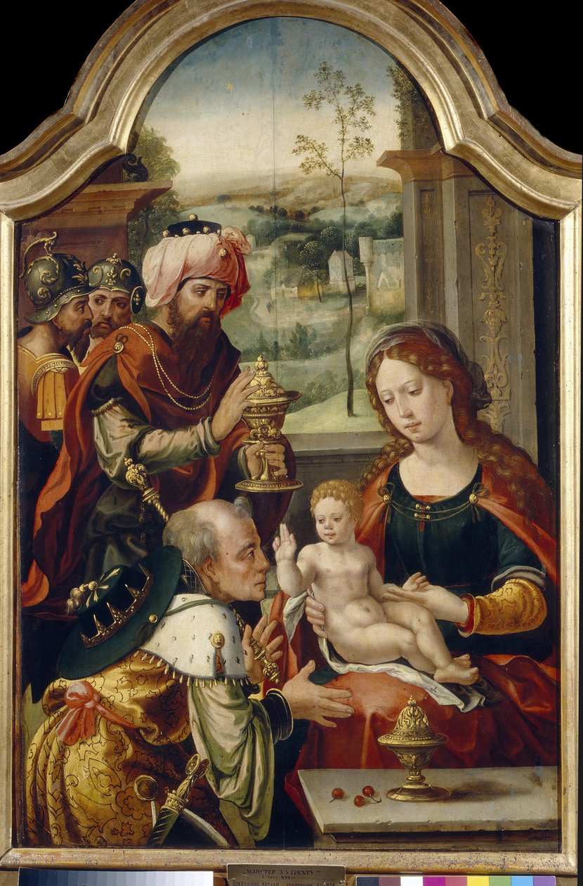 Tilbedelsen af ​​mages (tilbedelse af Magi). Maling af Pieter Coecke Van Aelst den gamle (1502-1555), olie på træ, første halvdel af det 16. århundrede. Primitiv flamsk kunst. State Art Gallery, Lviv (Ukraine). af Pieter Coecke van Aelst