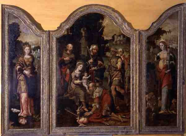 Triptykon, der skildrer tilbedelsen af magi og to helgener (olie på panel) af Pieter Coecke van Aelst