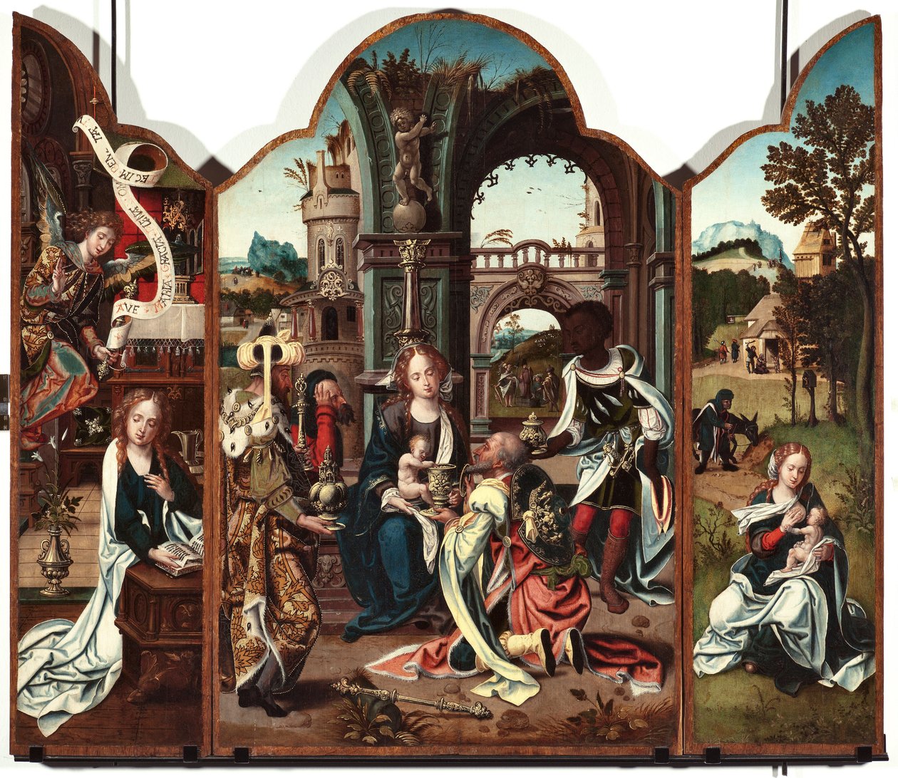 Triptykon over magiernes tilbedelse Venstre panel: Bebudelse - Højre panel: Bebudelse, til venstre og Flight into Egypt til højre Maleri af Pieter Coeck van Aelst (1502-1550) Genes Musei di Strada Nuova fra det 16. århundrede (ex Palazzo Bianco) inv n PB af Pieter Coecke van Aelst