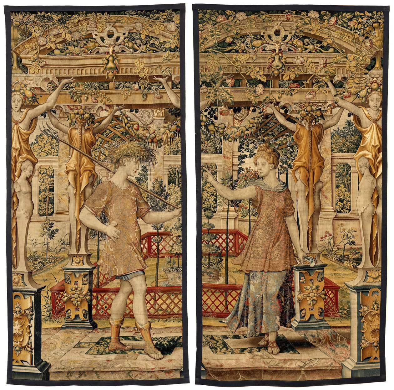 Vertumnus og Pomona: Vertumnus forvandlet til en bonde, ca. 1550 (guld, uld og silke) af Pieter Coecke van Aelst