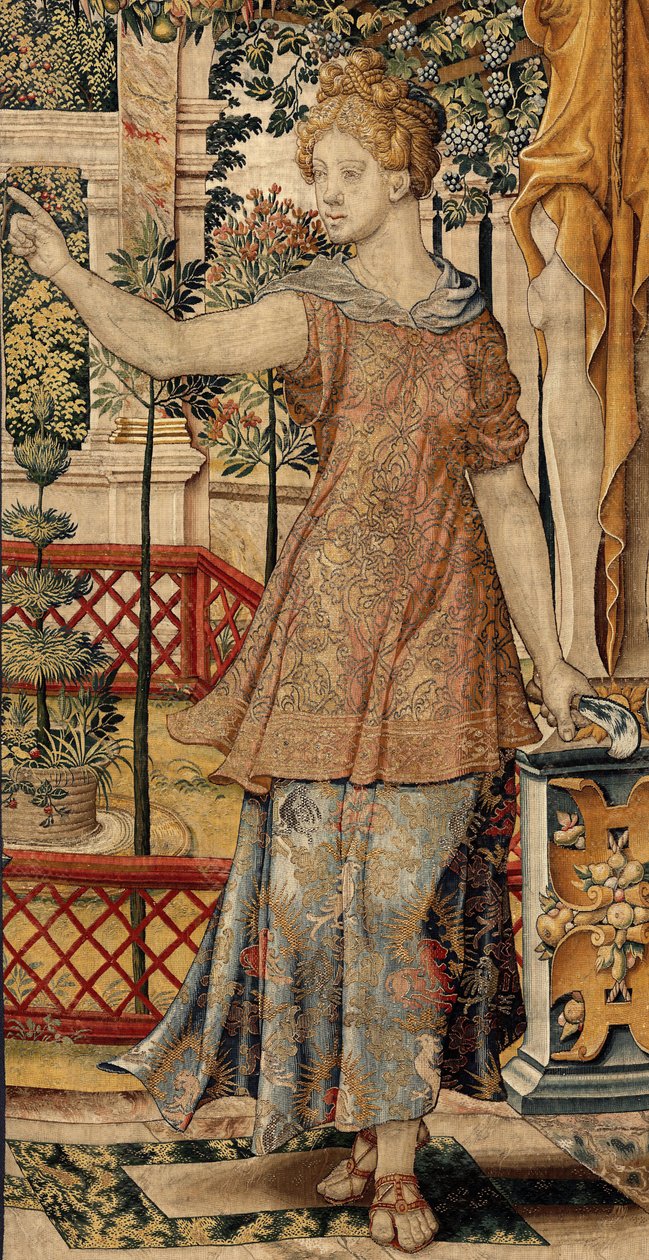 Vertumnus og Pomona: Vertumnus forvandlet til en bonde, ca. 1550 (guld, uld og silke) af Pieter Coecke van Aelst