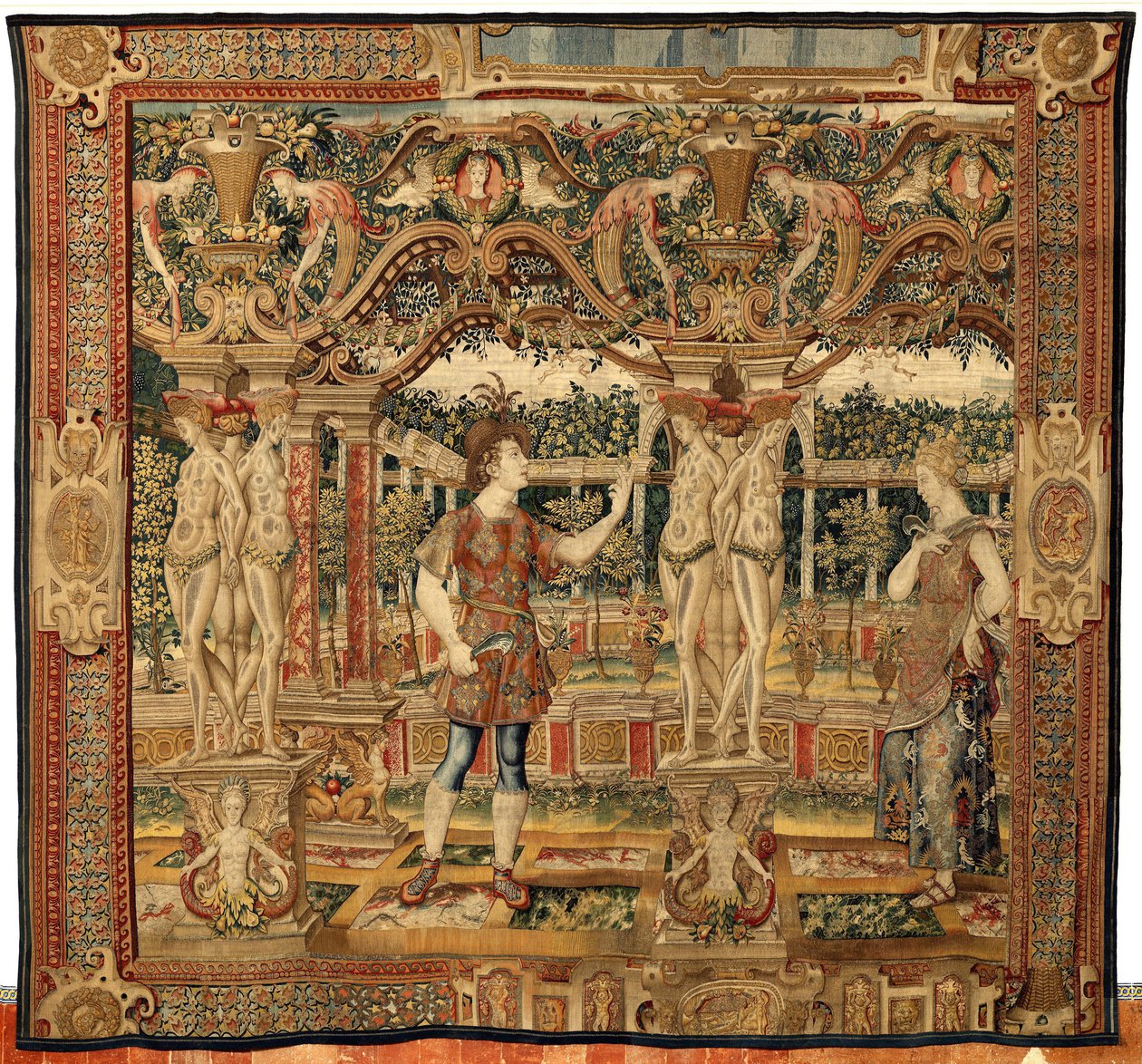 Vertumnus og Pomona: Vertumnus omdannet til en beskærer, ca. 1550 (guld, uld og silke) af Pieter Coecke van Aelst