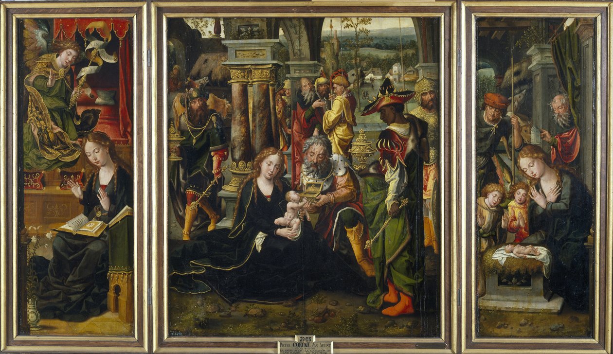 Bebudelsen. Magiernes tilbedelse. Hyrdernes tilbedelse, andet kvartal af 1 af Pieter Coecke van Aelst