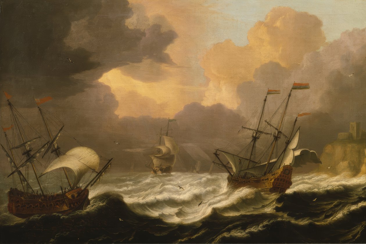 Bevægende hav med tre skibe af Pieter Coopse