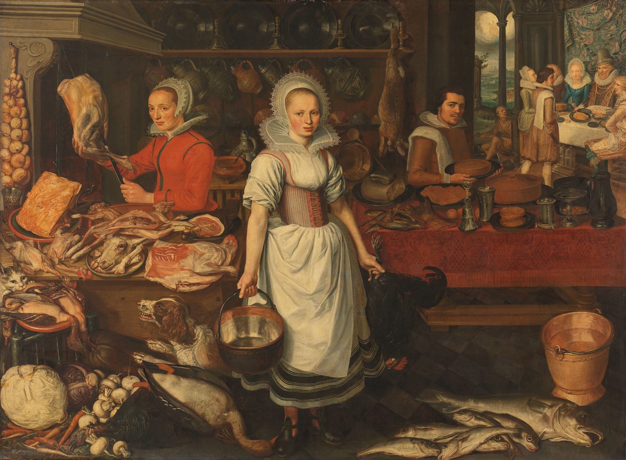 Køkkenscene med lignelsen om den rige mand og den fattige Lazarus af Pieter Cornelisz. van Rijck (attributed to)
