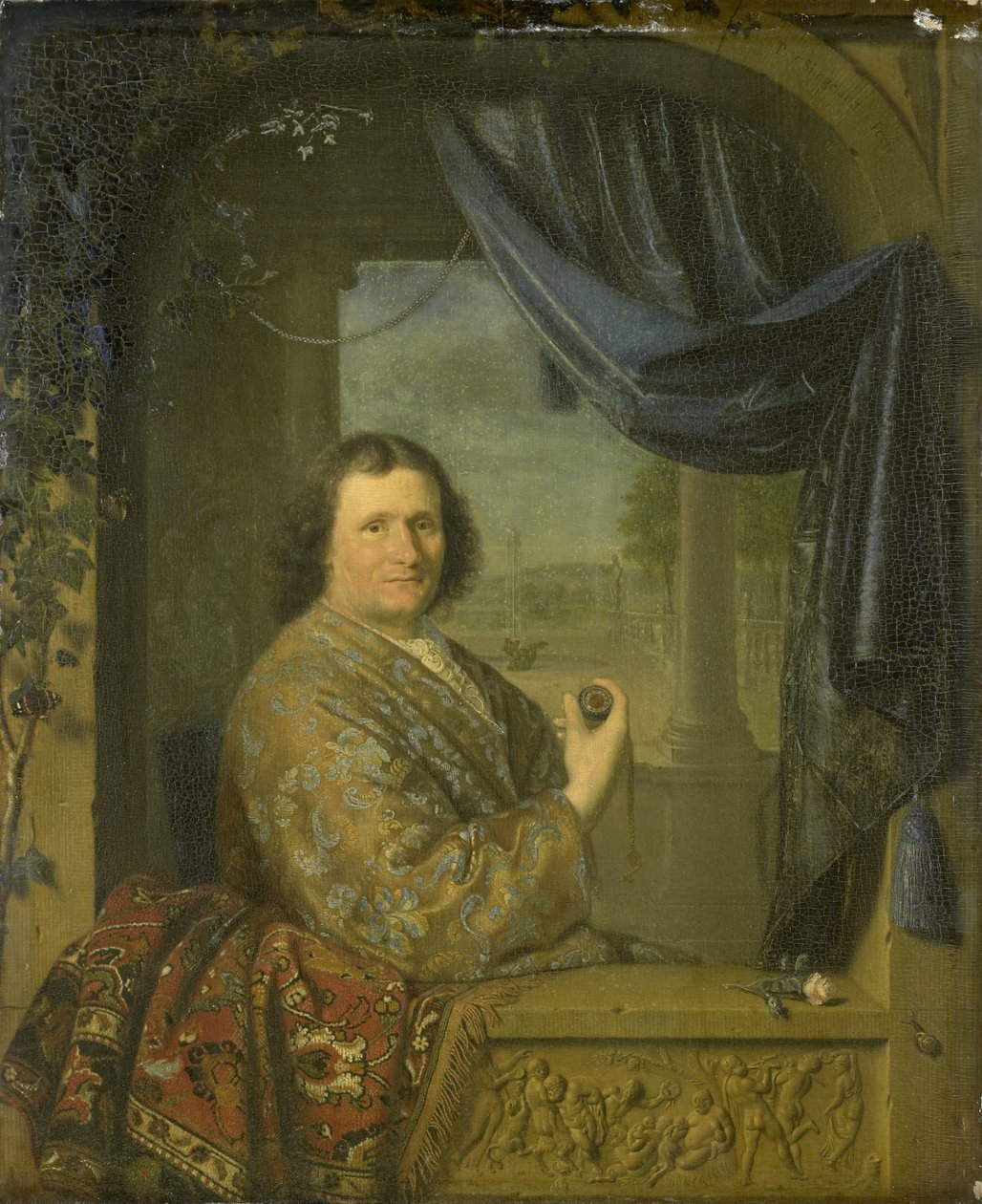 Portræt af en mand med et ur af Pieter Cornelisz. van Slingelandt