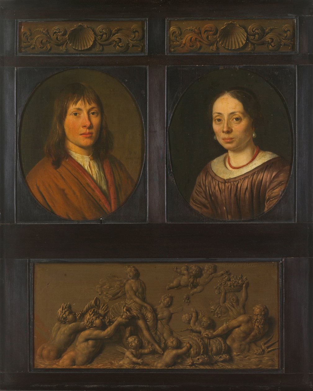 Portrætter af en mand og en kvinde indrammet med to dekorative friseminiaturer med skalmotiv og en triumf af amfitrit af Pieter Cornelisz. van Slingelandt