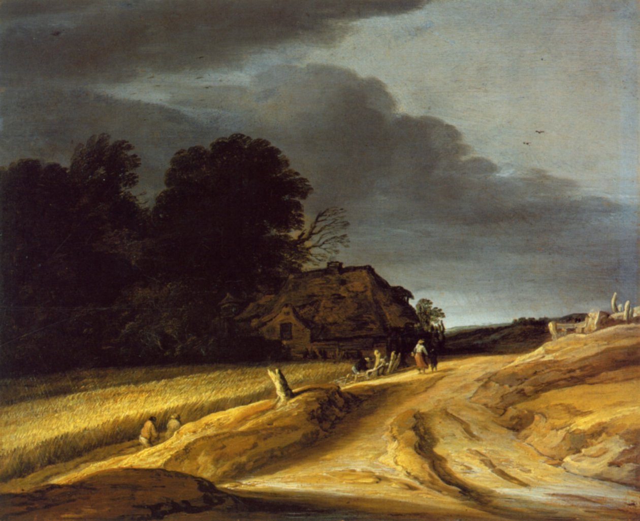 Landskab med markvej og bondegård af Pieter Dircksz Santvoort